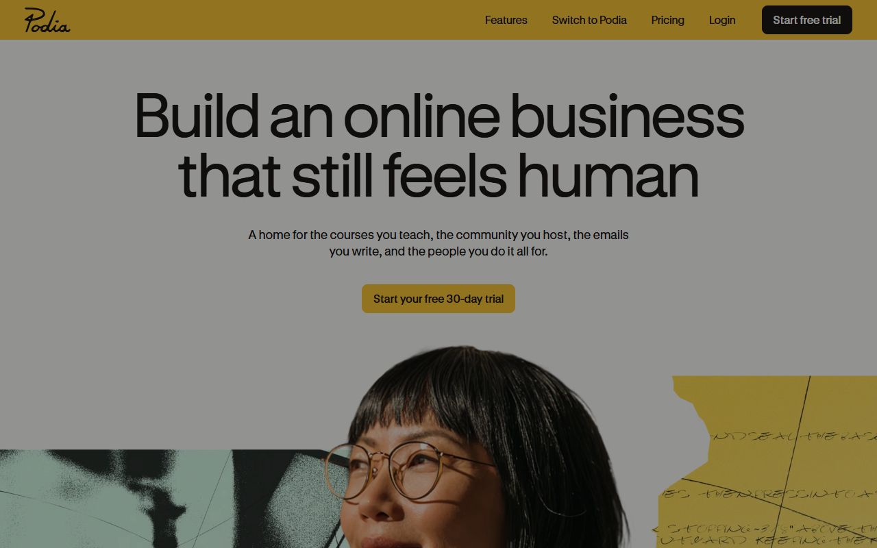 Podia homepage showing the all-in-one creator platform for online courses, digital downloads, memberships and email marketing