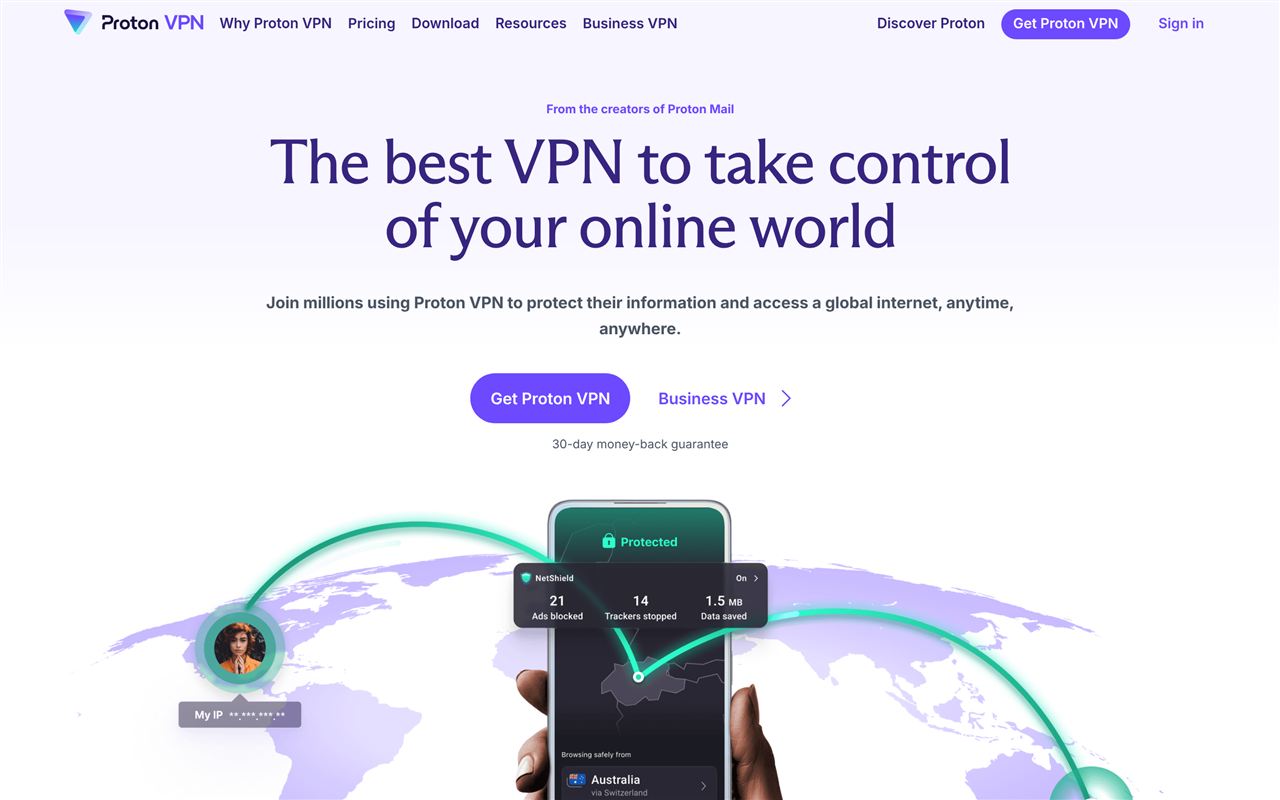 Proton VPN homepage showing the privacy-first Swiss VPN with a free plan, open-source audited apps, Secure Core, and NetShield