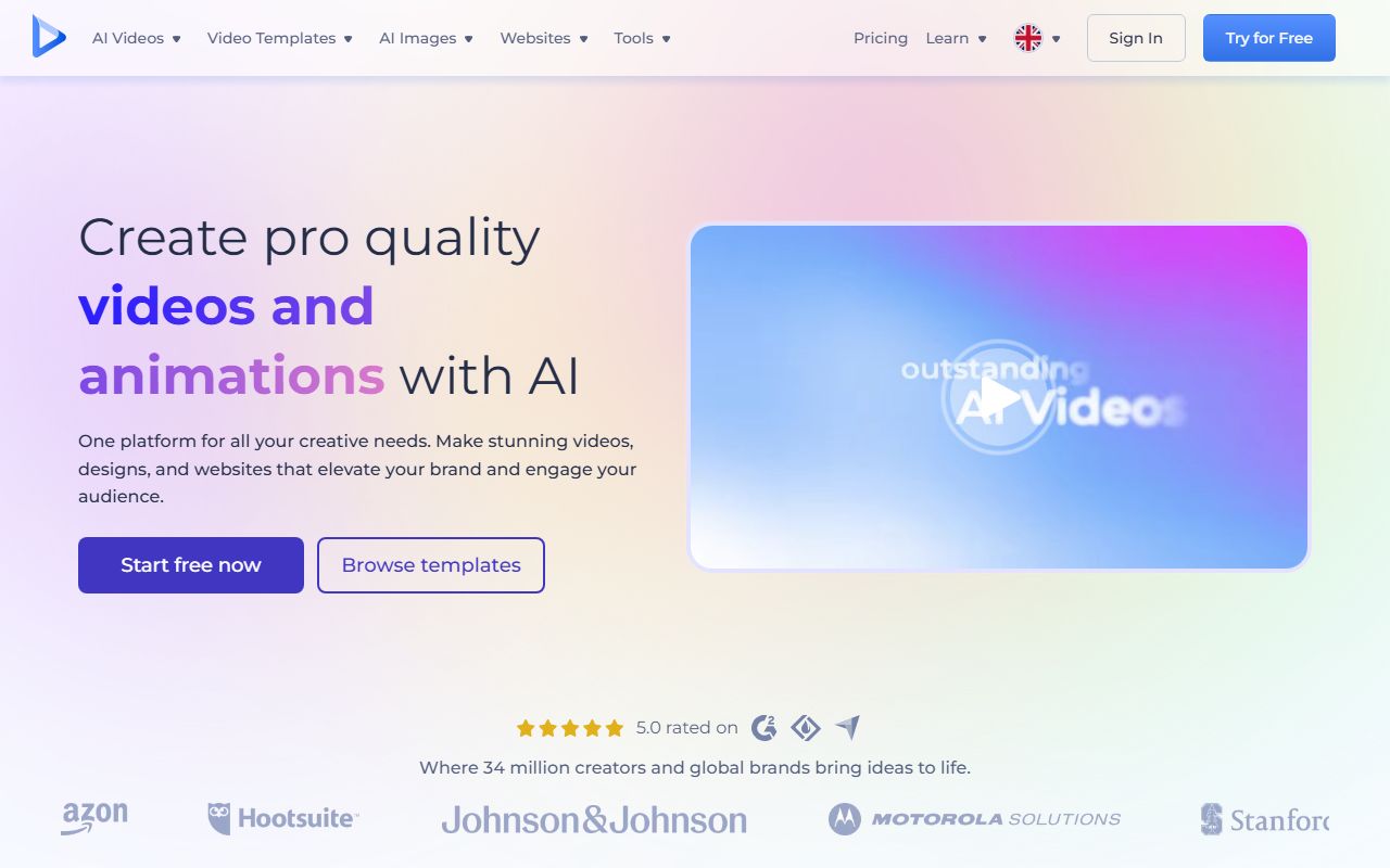 Renderforest homepage showing the all-in-one branding platform with video maker, logo creator, website builder, and mockup tools for small businesses