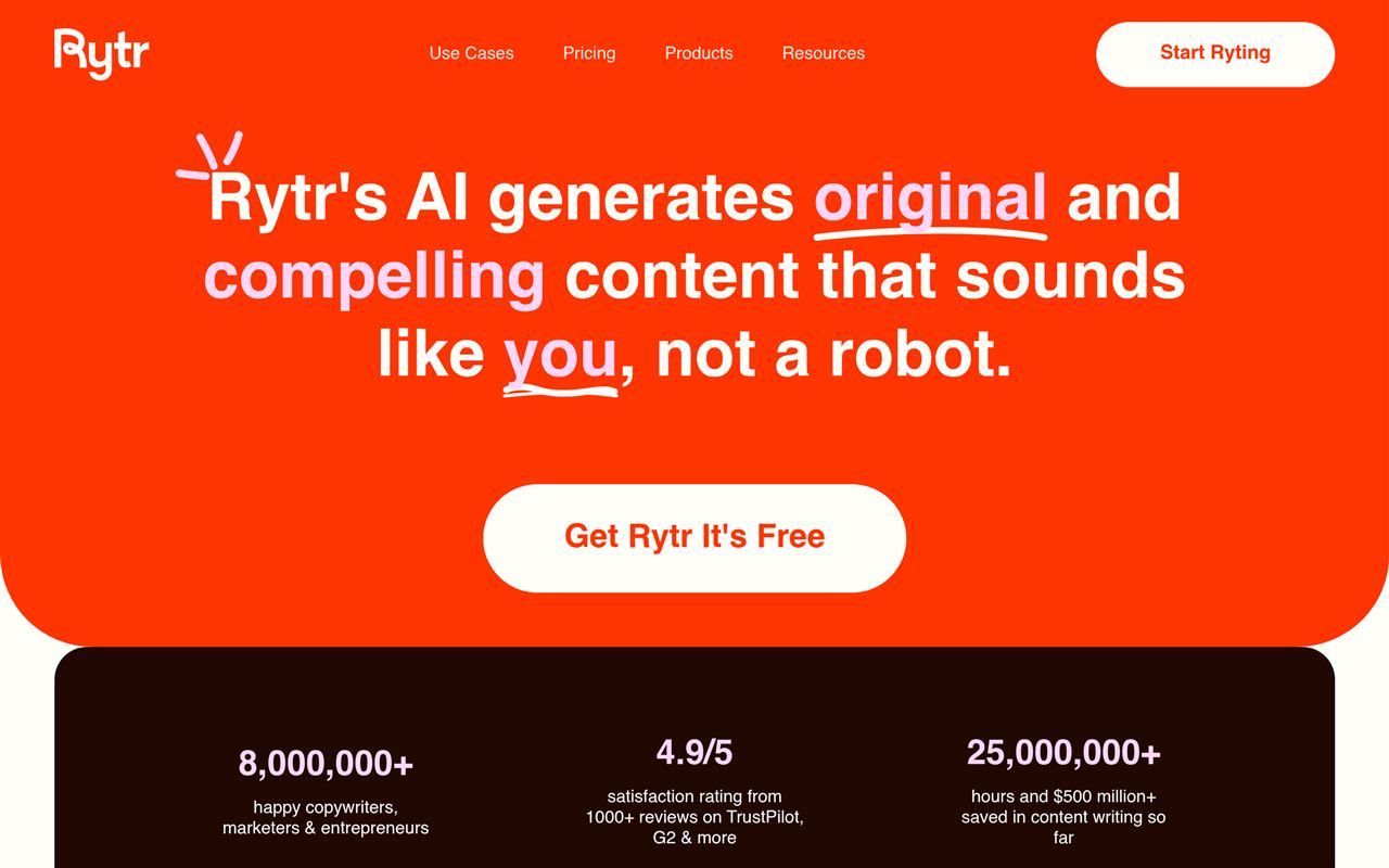 Rytr homepage showing the budget AI writing tool with free plan, use-case templates, and tone options