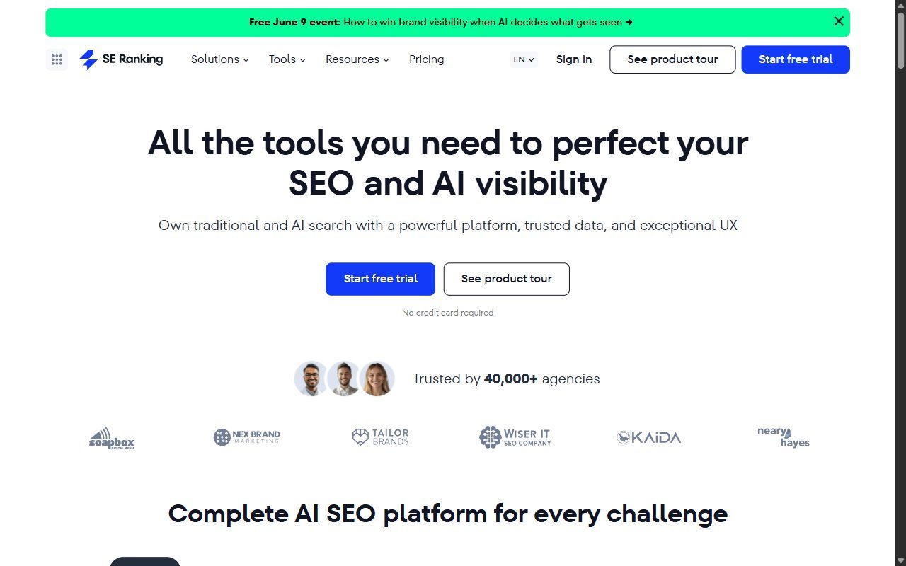 SE Ranking homepage showing the all-in-one SEO platform dashboard with rank tracking, site audit, and keyword research tools