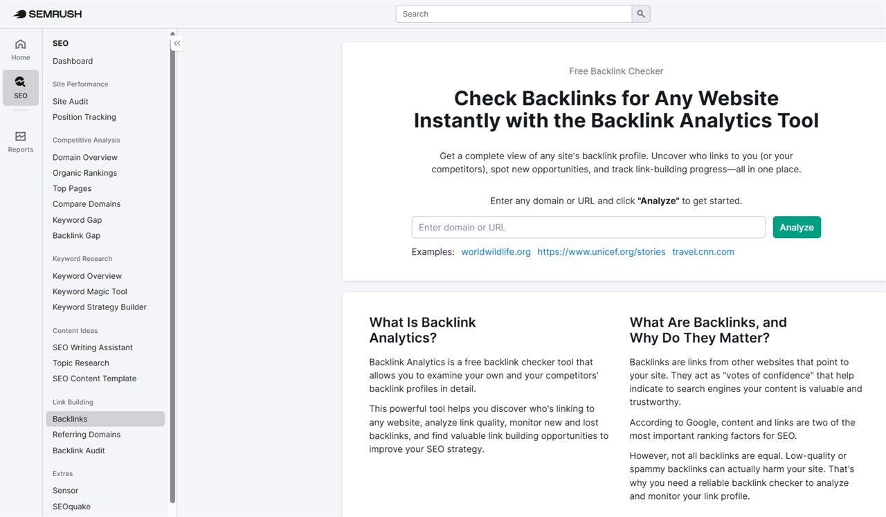 Semrush Backlink Analytics tool examining a website's backlink profile, referring domains, and link opportunities