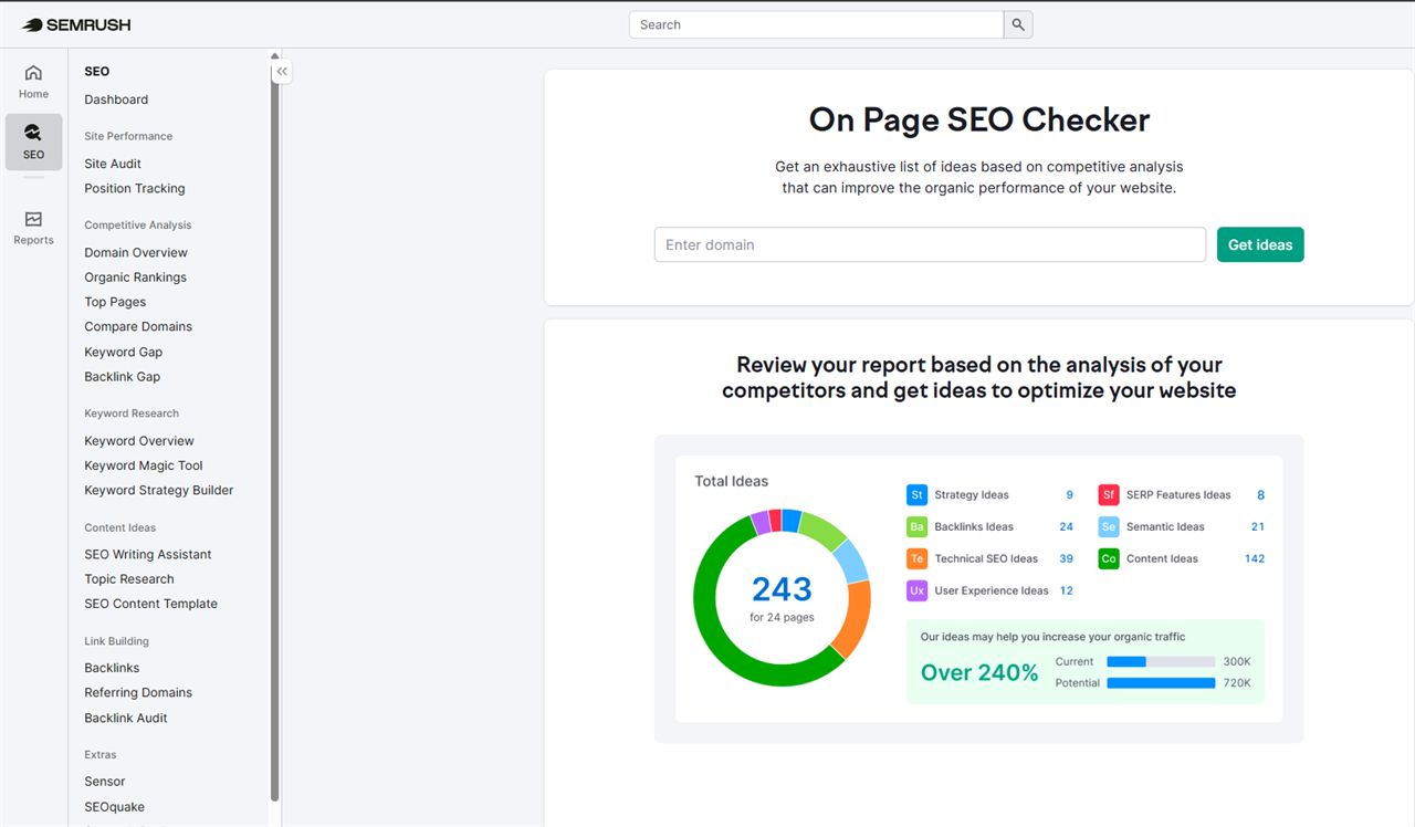 Semrush On-Page SEO Checker showing 243 prioritized optimization ideas across content, technical, backlinks, semantic, and UX categories