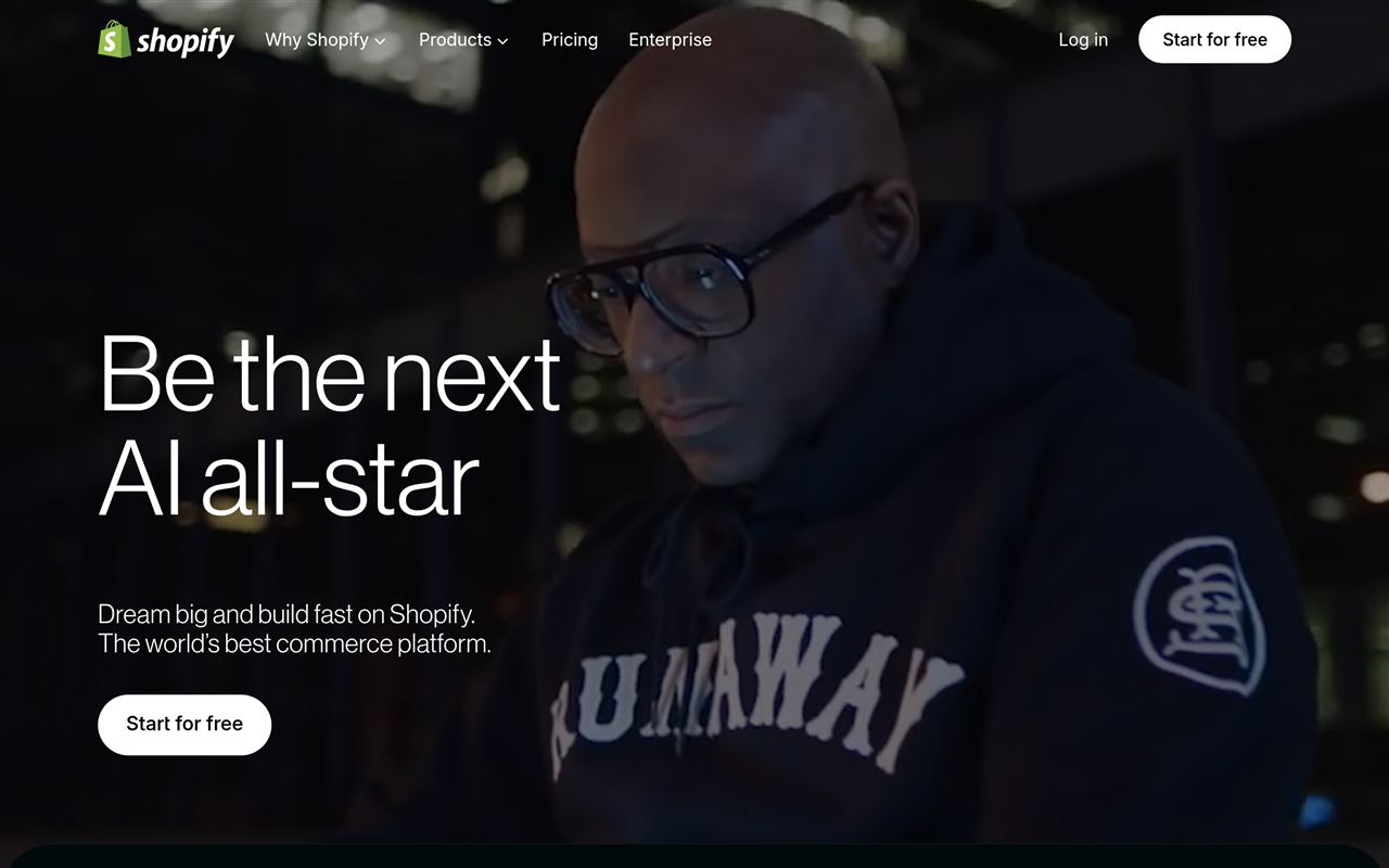 Shopify homepage showing the ecommerce platform for building an online store with payments, shipping, and apps