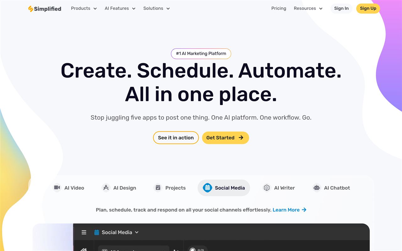 Simplified homepage showing the all-in-one AI suite for design, content writing, video, and social media scheduling