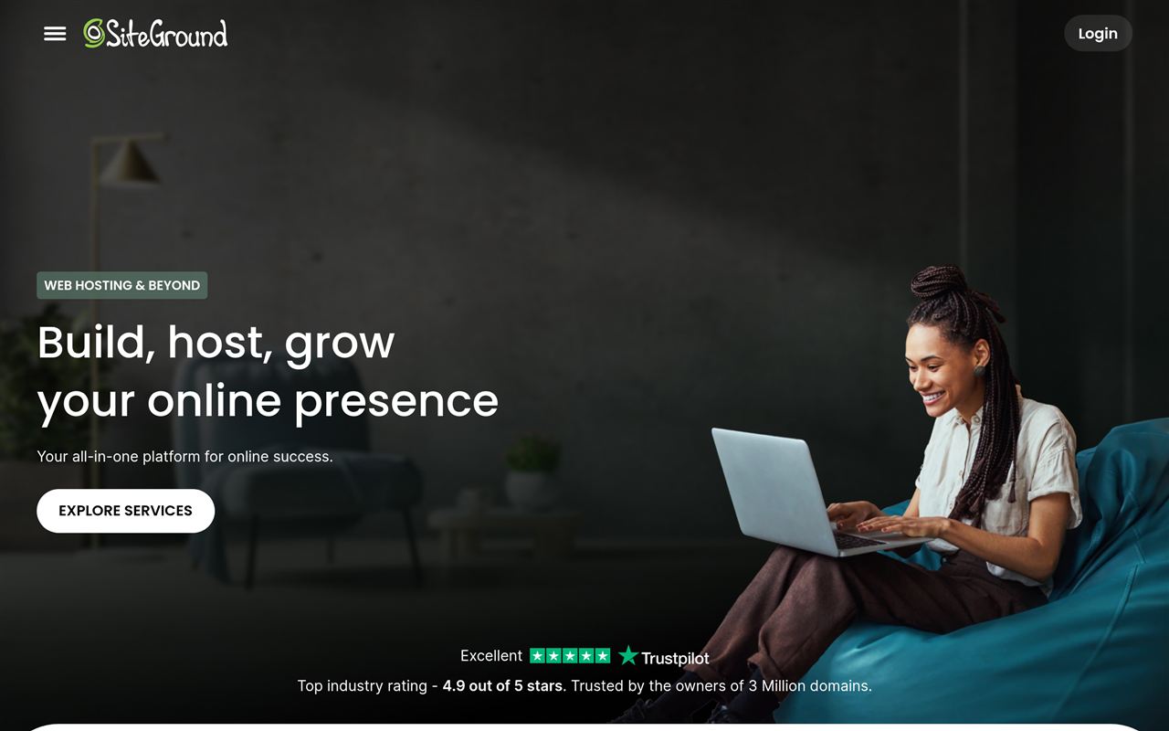 SiteGround homepage showing the premium managed web host on Google Cloud with fast speeds, top support, caching, and staging