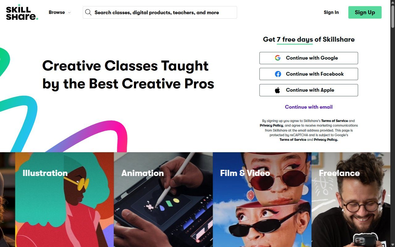 Skillshare homepage showing the online learning membership platform with creative, business, and tech classes available by subscription