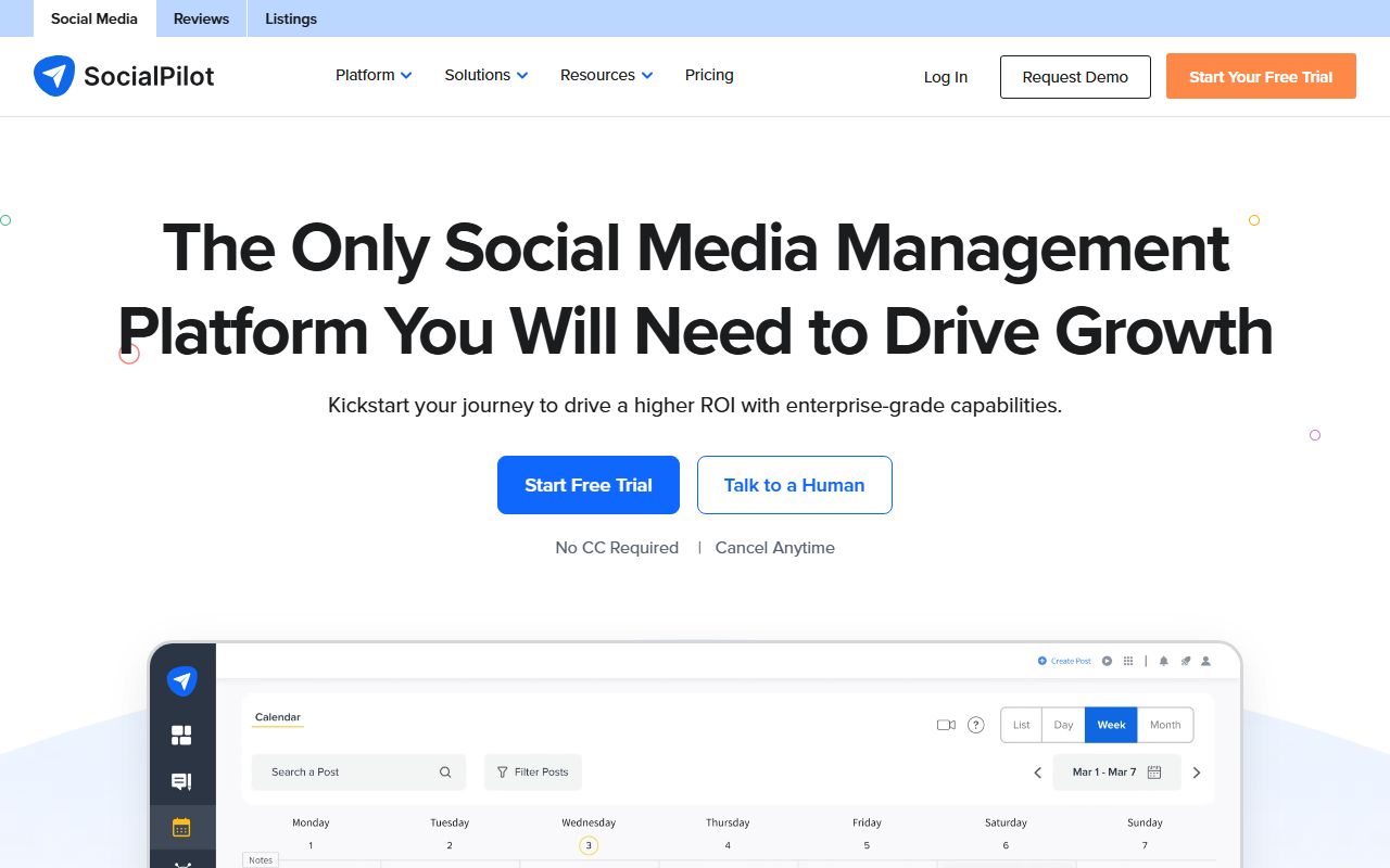 SocialPilot social media scheduling dashboard showing multi-account content calendar and bulk post scheduling for agencies