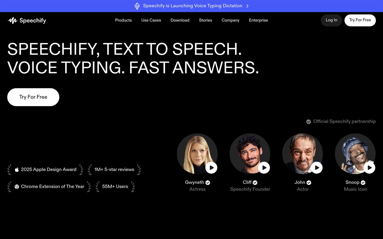 Speechify homepage showing the AI text-to-speech reader that reads articles, PDFs, and documents aloud in natural voices