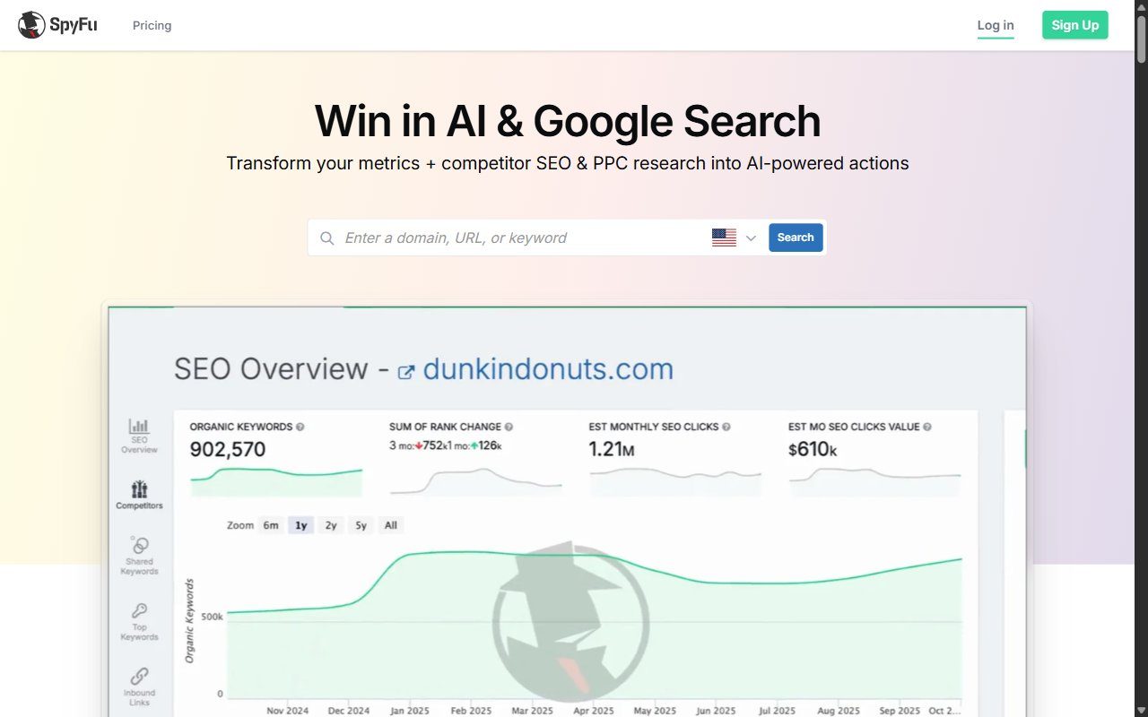 SpyFu homepage showing the competitor research tool for PPC and organic keyword intelligence with domain search and ad history features