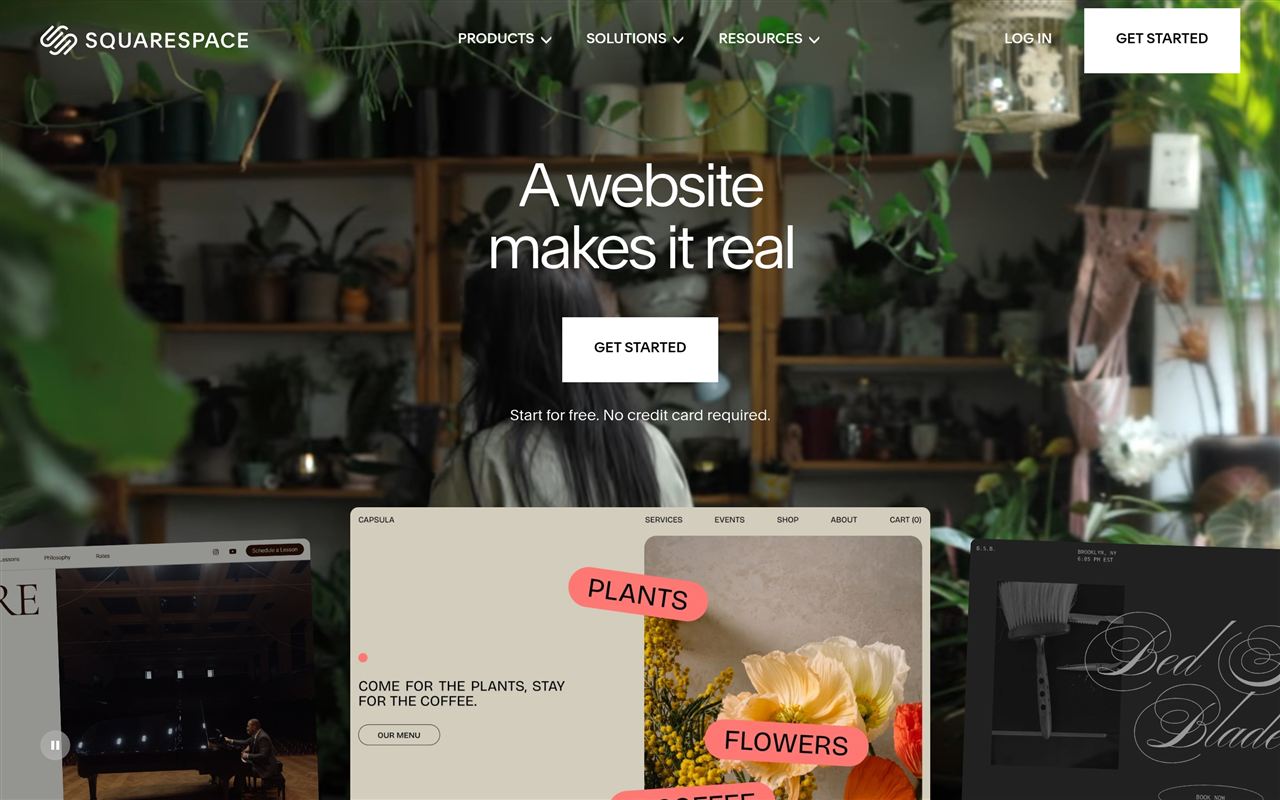 Squarespace homepage showing the design-led website and store builder with elegant templates, galleries, and ecommerce