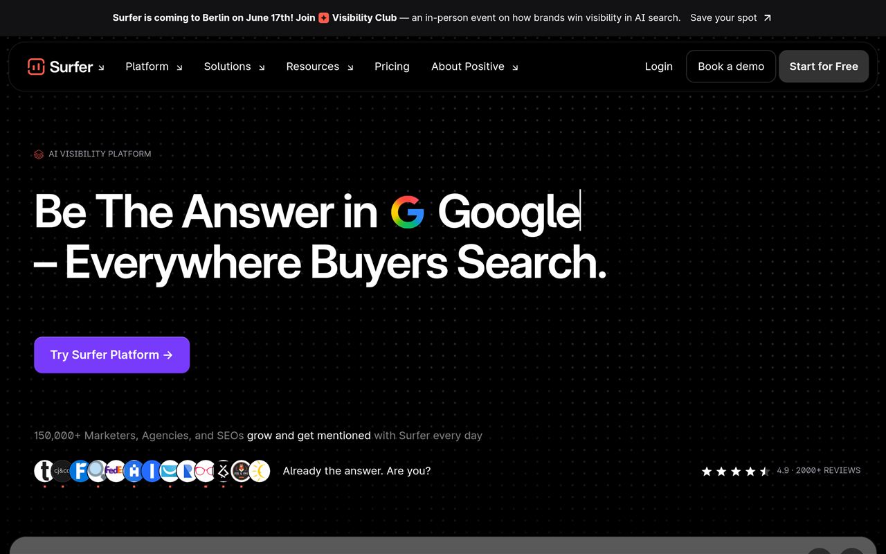 Surfer SEO homepage showing the AI content optimization platform with content editor, SERP analysis, and audit tools