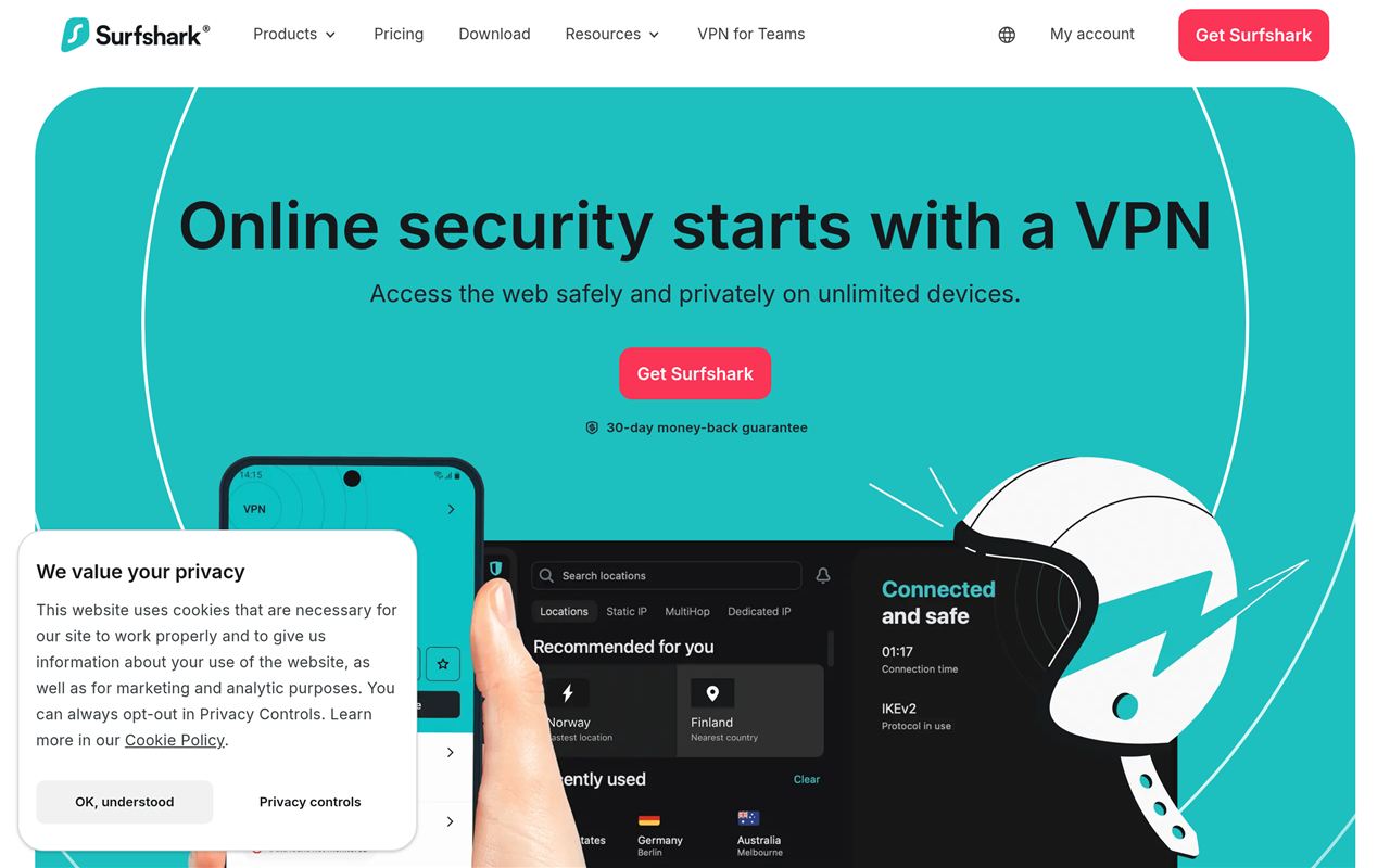 Surfshark homepage showing the budget VPN with unlimited devices, WireGuard speeds, CleanWeb, and audited no-logs privacy