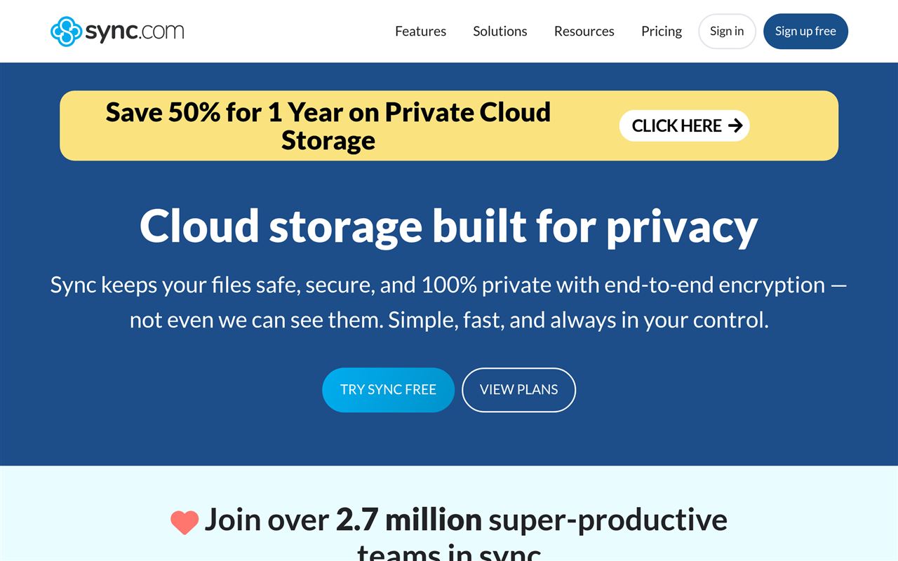 Sync.com homepage showing the zero-knowledge encrypted cloud storage with end-to-end encryption, secure sharing, and Canadian privacy