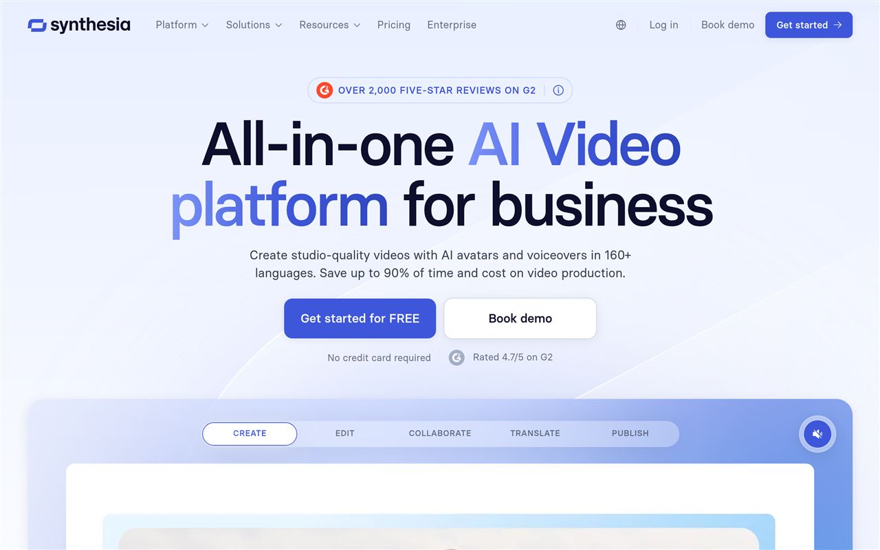 Synthesia homepage showing the AI video platform that turns scripts into presenter-led avatar videos in 140+ languages