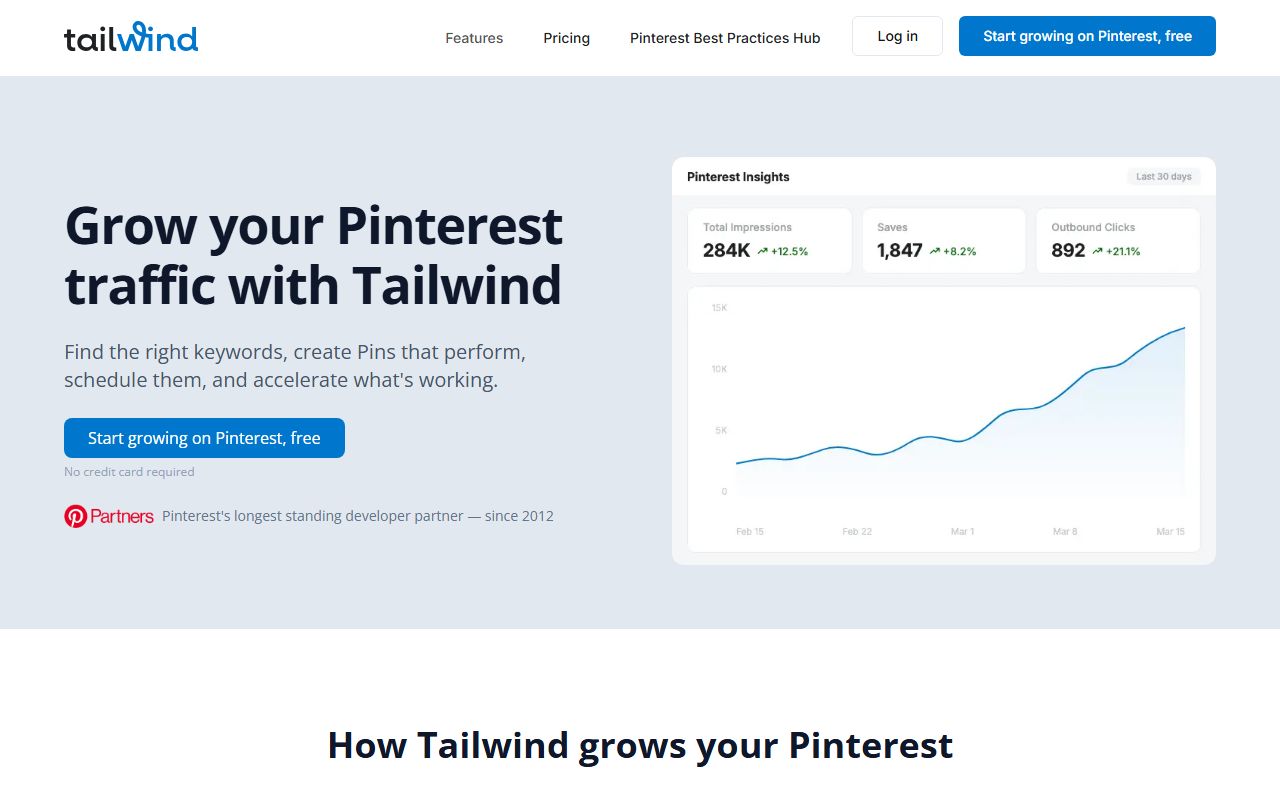 Tailwind app homepage showing the Pinterest and Instagram scheduler with SmartSchedule, post designer, and Ghostwriter AI tools for content creators