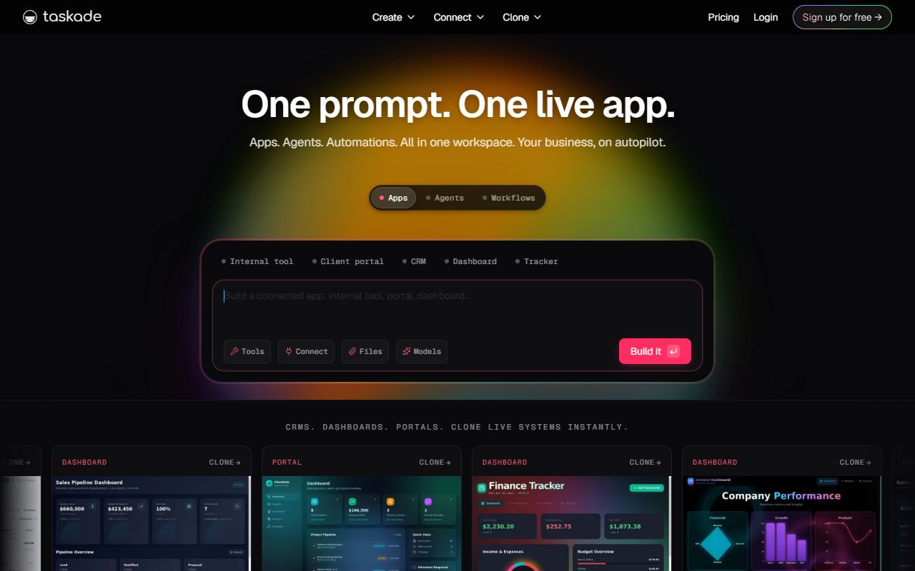 Taskade homepage showing the AI-powered workspace with outliner, mind map, and task management views for teams
