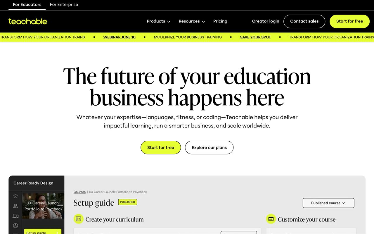 Teachable homepage showing the online course platform for building, selling, and hosting courses and coaching