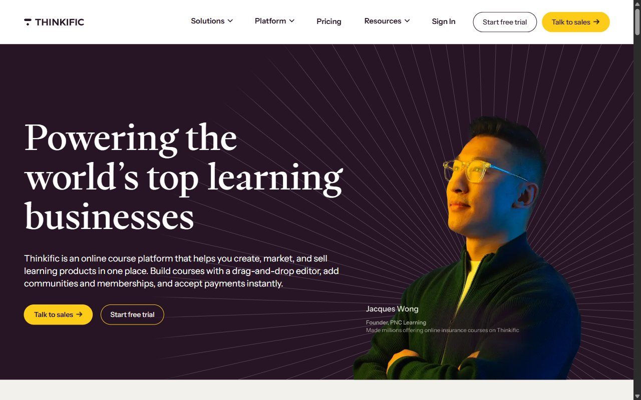 Thinkific homepage showing the online course platform builder with course creation, community, and digital product selling features