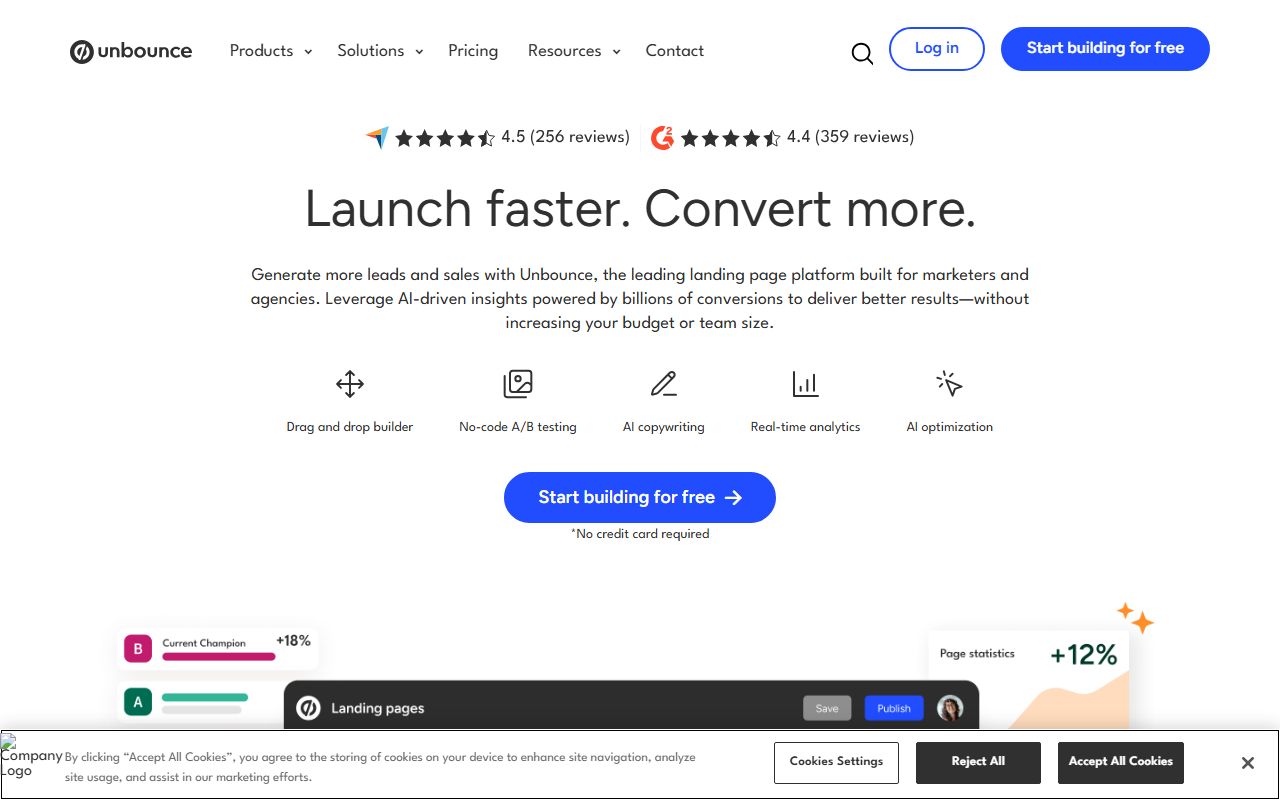 Unbounce landing page builder homepage showing drag-and-drop editor, Smart Traffic AI, and conversion optimization tools for marketing campaigns