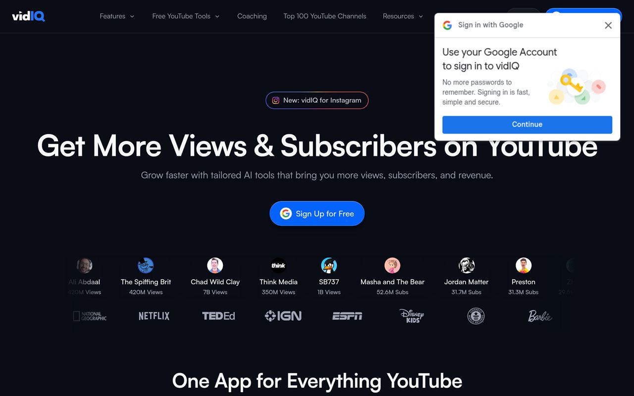 vidIQ homepage showing the YouTube growth platform with keyword research, AI suggestions, and competitor tracking
