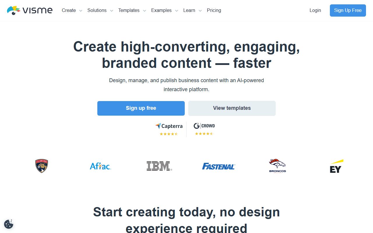 Visme homepage showing the visual content platform for infographics, presentations, reports, and data visualization with brand kit and analytics features