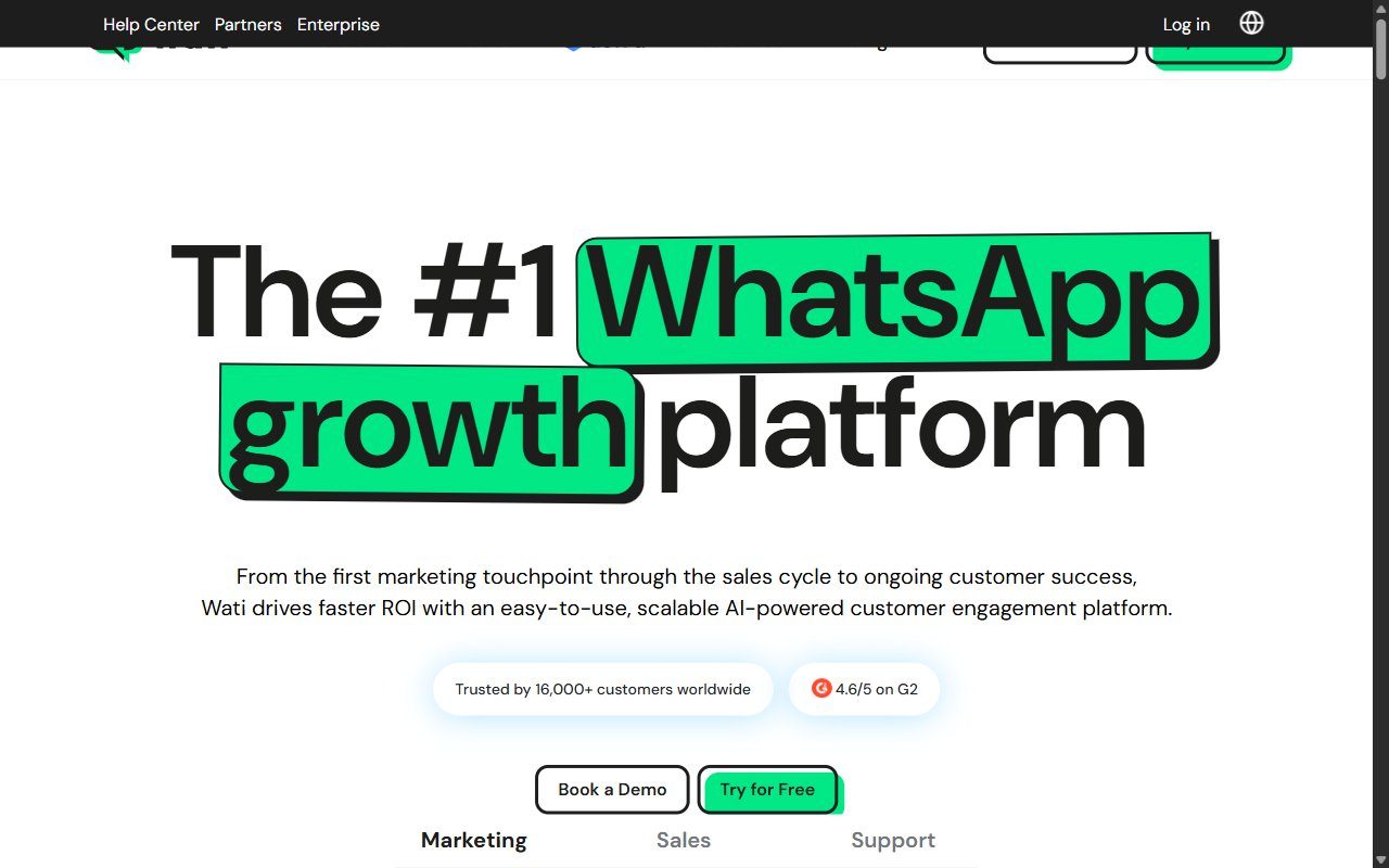 Wati homepage showing the WhatsApp Business API platform with shared team inbox, no-code chatbot, and broadcast campaigns for small businesses