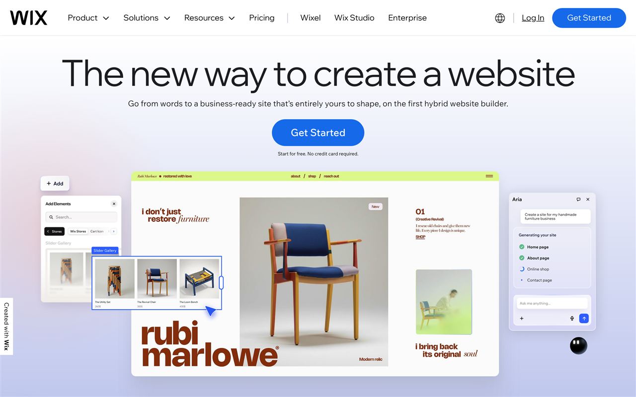 Wix homepage showing the drag-and-drop website and store builder with AI site builder, templates, and ecommerce