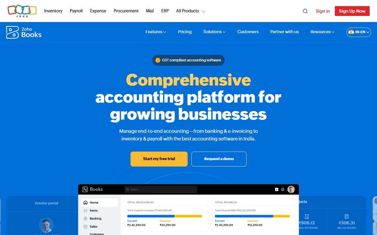 Zoho Books homepage showing accounting software dashboard with invoicing, banking, and automation features for small businesses