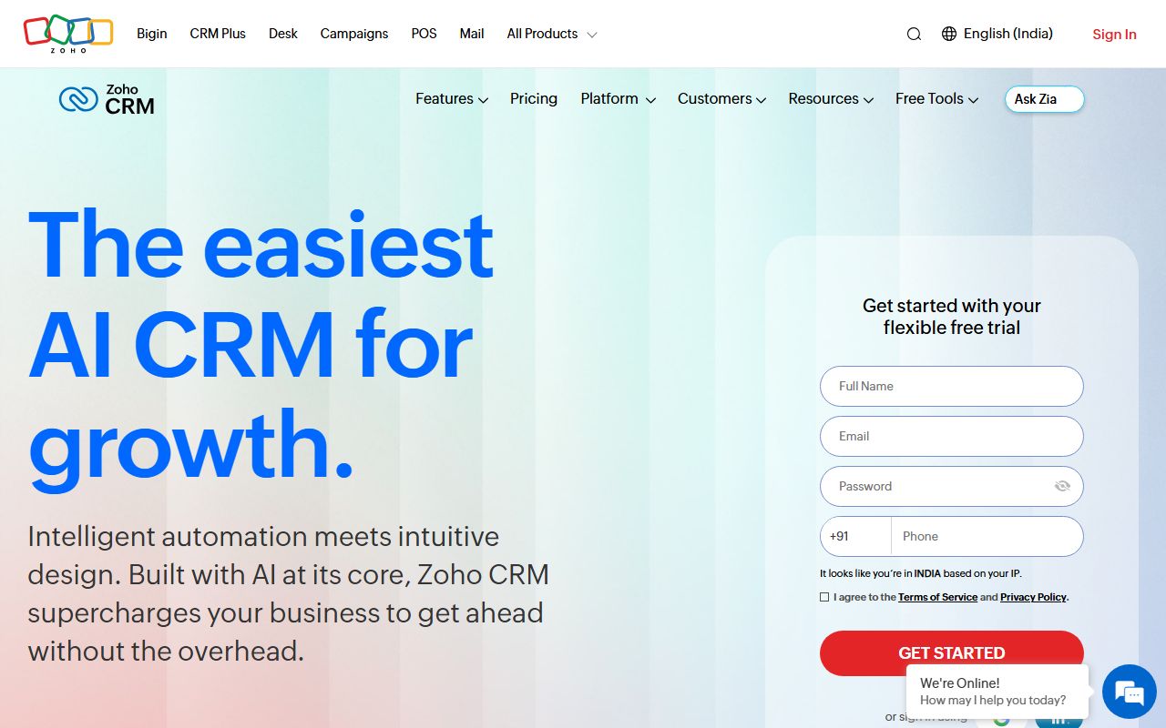 Zoho CRM homepage showing the sales pipeline, AI assistant Zia, and workflow automation features for growing sales teams